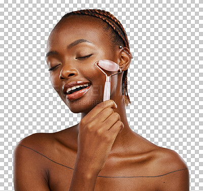 Buy stock photo Skincare, face roller and black woman relax with beauty, cosmetics or treatment on isolated, transparent or png background. Crystal, facelift or model with facial, massage or lymphatic drainage