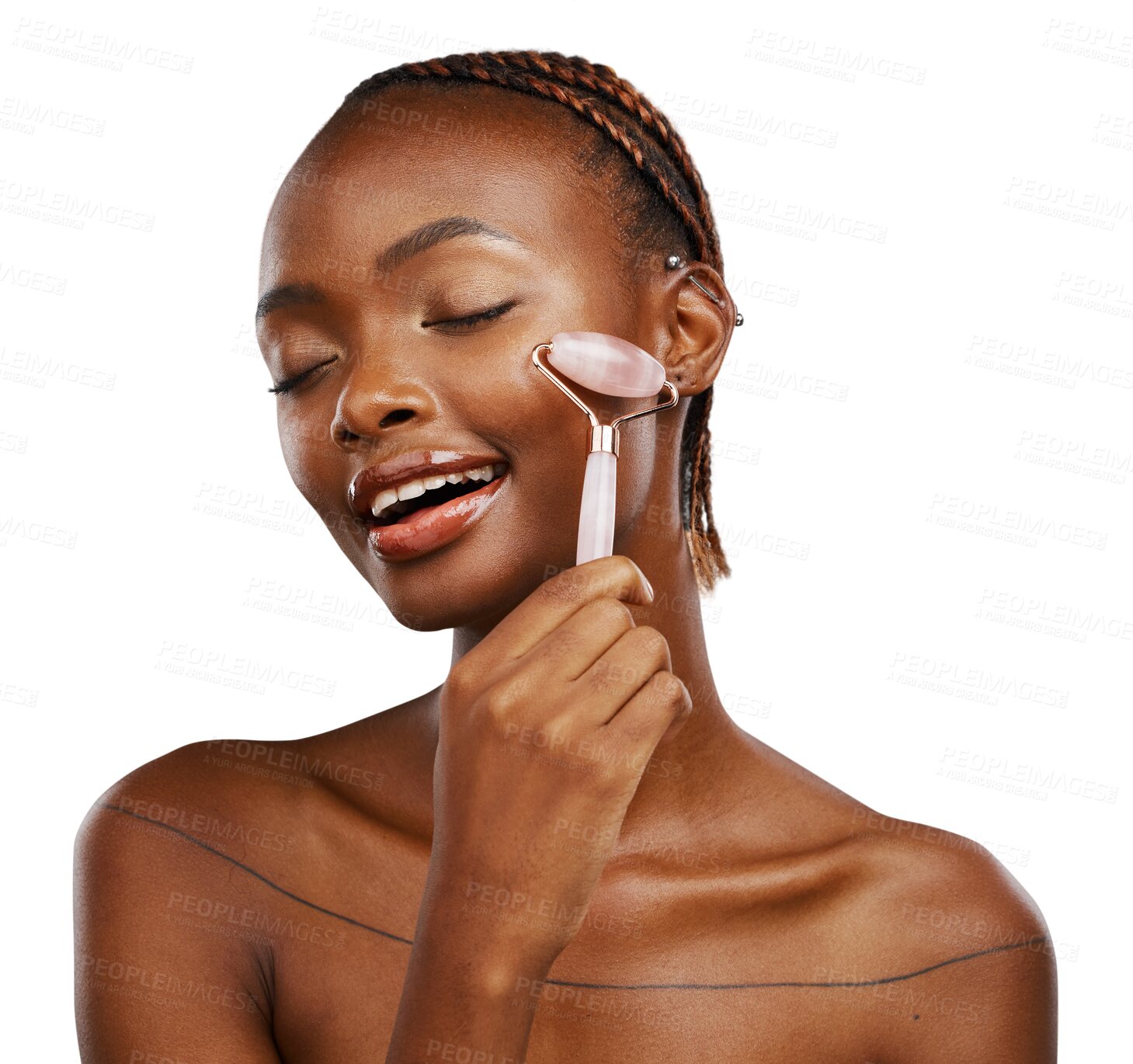 Buy stock photo Skincare, face roller and black woman relax with beauty, cosmetics or treatment on isolated, transparent or png background. Crystal, facelift or model with facial, massage or lymphatic drainage