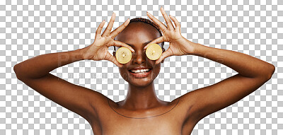 Buy stock photo Kiwi, skincare and happy black woman with natural cosmetics on isolated, transparent or png background. Fruit, smile and African model with dermatology, wellness or vitamin E, DIY or facial benefits