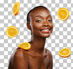 Black woman, portrait and skincare with orange, fruit and natura