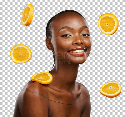 Buy stock photo Skincare, portrait and happy black woman with orange on isolated, transparent or png background. Fruit, Vitamin C and face of African model smile for skin, detox or weight loss, citrus or nutrition