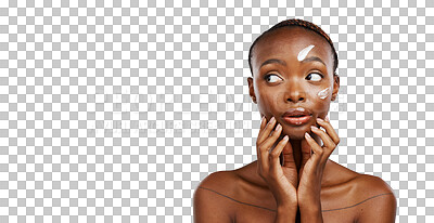 Buy stock photo Black woman, face cream and thinking in skincare beauty isolated on a transparent PNG background. African female person or model with lotion, creme or moisturizer for SPF, cosmetics or soft skin