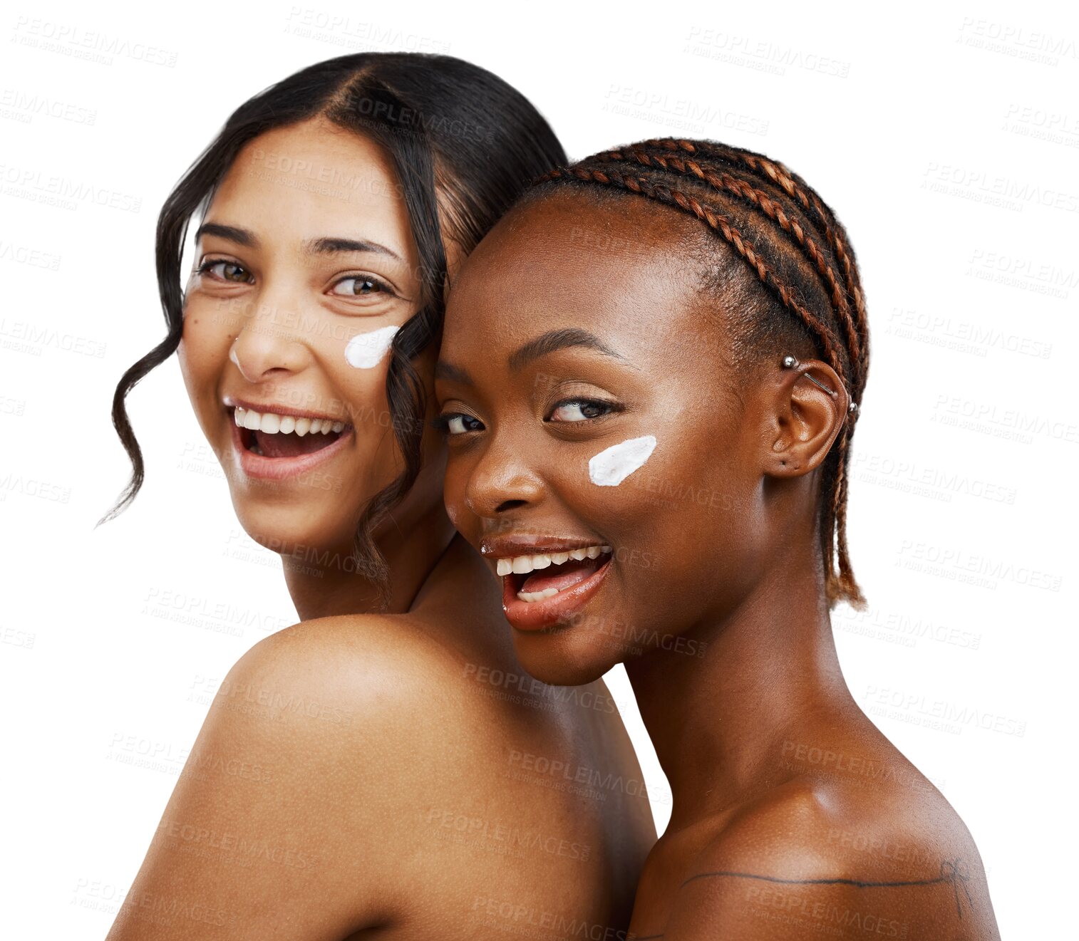 Buy stock photo Women, diversity and friends with cream for skincare, cosmetics or isolated on transparent png background. Happy portrait, faces and dermatology of sunscreen, moisturizer or lotion for natural beauty