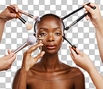 Tools, hands and portrait of black woman and cosmetics for getti