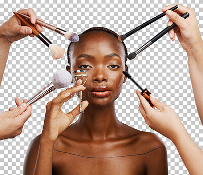 Buy stock photo Black woman, makeup and brush in many hands for beauty, wellness or transformation by transparent png background. Girl, model or African person with salon, change and services for facial aesthetic