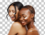Women, lotion on face and beauty with diversity, friends and inc