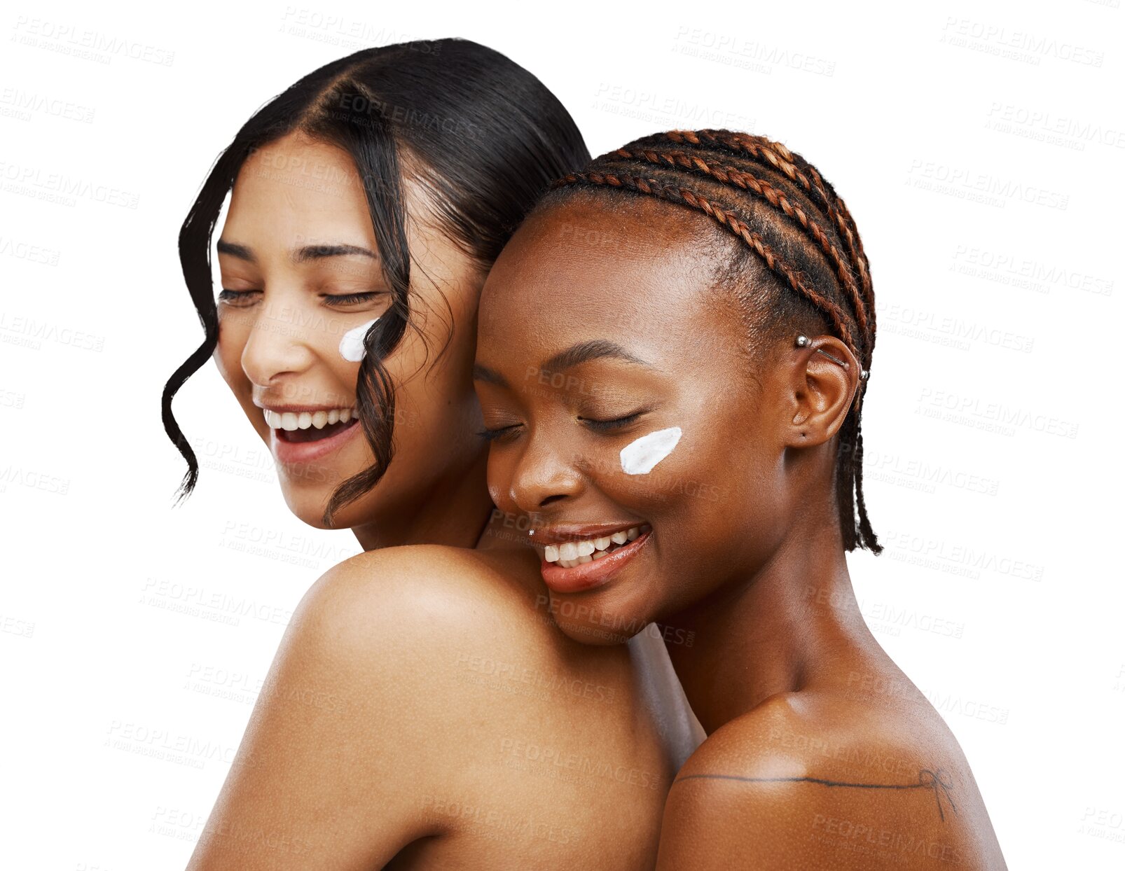 Buy stock photo Women, diversity and friends smile with cream on face for skincare, aesthetic cosmetics and isolated on transparent png background. Dermatology, natural beauty and sunscreen lotion for facial shine 