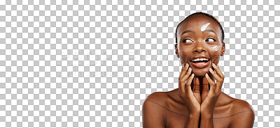Buy stock photo Happy black woman, cream and skincare beauty for facial treatment isolated on transparent PNG background. African female person with face lotion, product or moisturizer in SPF, cosmetics or soft skin
