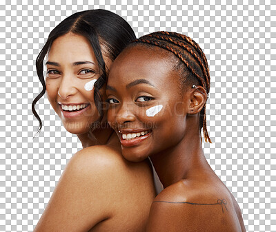 Women, cream on face and beauty with diversity, friends and incl