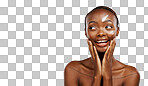 Beauty, smile and black woman with cream, thinking or dermatolog