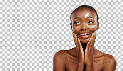 Buy stock photo Happy black woman, facial cream and skincare beauty for treatment isolated on transparent PNG background. African female person with face lotion, product or moisturizer in SPF, cosmetics or soft skin