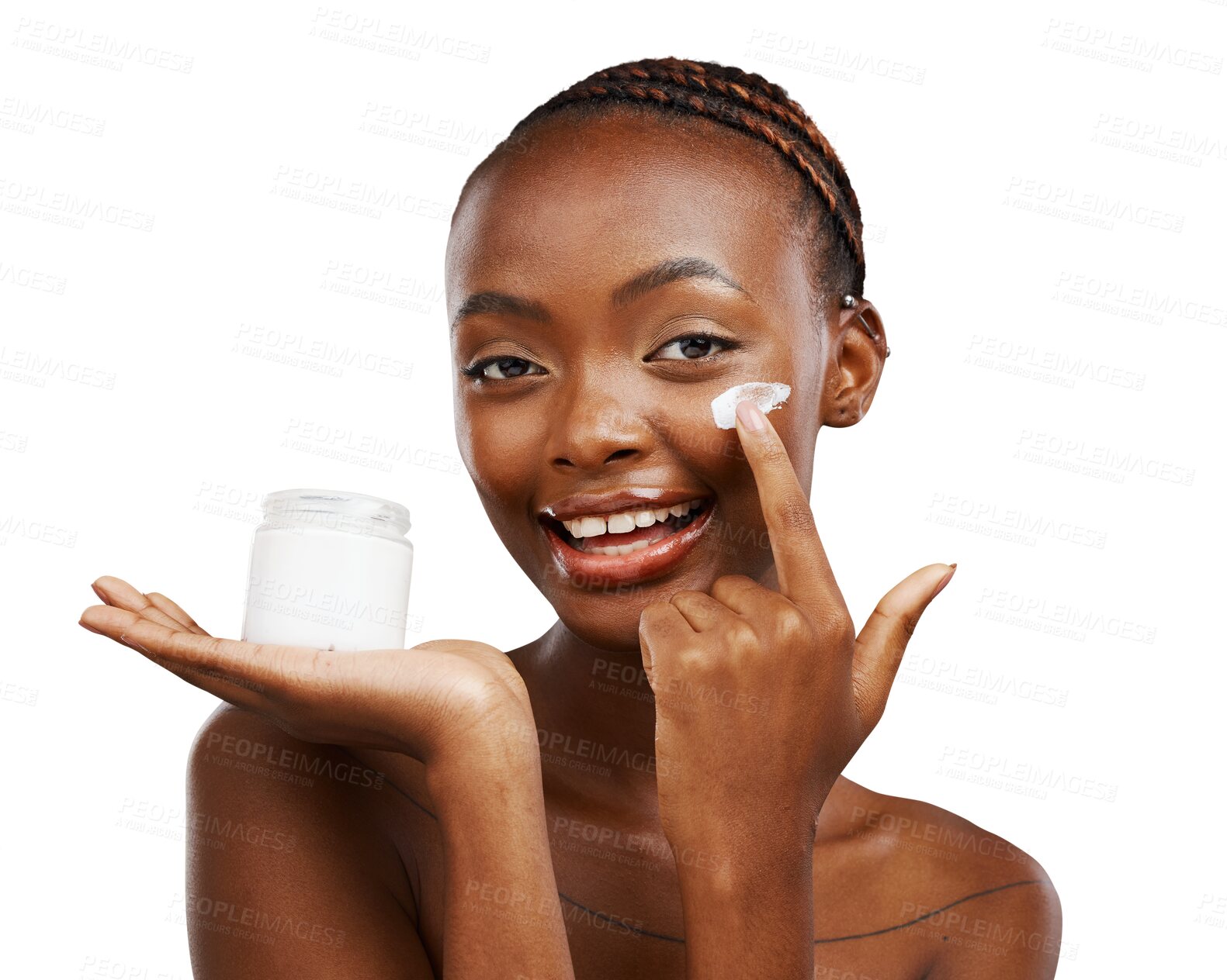 Buy stock photo Happy black woman, portrait and face cream for skincare, beauty isolated on a transparent PNG background. African female person or model smile with lotion, product or moisturizer for SPF or soft skin
