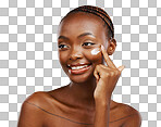 Black woman, skincare and smile with cream, beauty and cosmetics