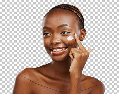 Buy stock photo Happy black woman, face cream and skincare beauty isolated on a transparent PNG background. African female person or model smile with lotion, facial or moisturizer for SPF, cosmetics or soft skin