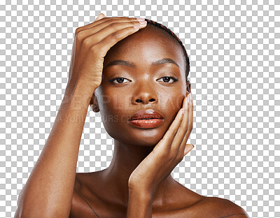Buy stock photo Black woman, portrait and touch face for skincare, aesthetic glow and dermatology isolated on transparent png background. Serious model, facial beauty and healthy cosmetics, collagen results or shine