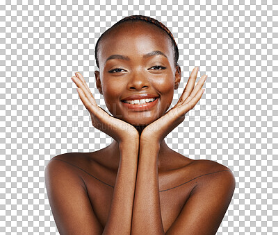 Buy stock photo Happy, portrait and skincare by black woman with beauty, cosmetic or results on isolated, transparent or png background. Hands, face and African wellness model smile for dermatology, shine or glow