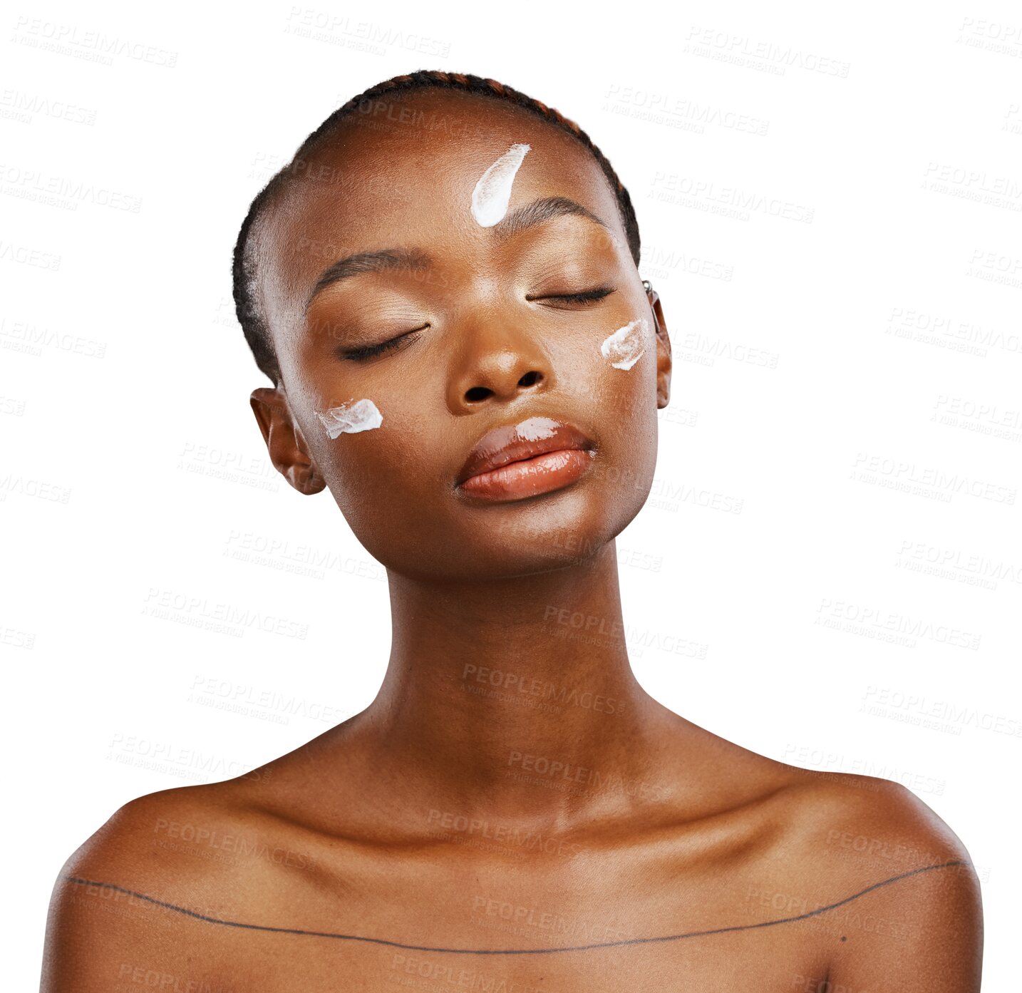 Buy stock photo Black woman, face and relax for skincare cream or beauty isolated on a transparent PNG background. African female person or model with lotion, creme or moisturizer for SPF, cosmetics or soft skin