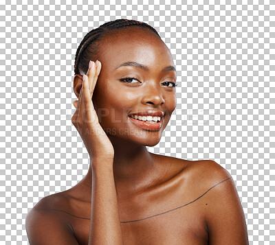 Buy stock photo Happy black woman, portrait and aesthetic skincare for shine, dermatology and glow isolated on transparent png background. Model touch face for natural beauty, healthy results and collagen cosmetics