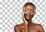 Face, skincare and hand on the cheek of a black woman in studio