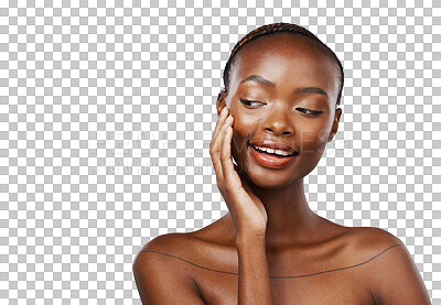 Buy stock photo Woman, smile and thinking of skincare, aesthetic glow and facial dermatology isolated on transparent png background. African model touch face for natural beauty, healthy shine and cosmetics results 