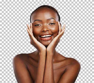 Buy stock photo Portrait, skincare or happy black woman with beauty, cosmetic or results on isolated, transparent or png background. Hands, face or African wellness model smile for dermatology, shine or glowing skin
