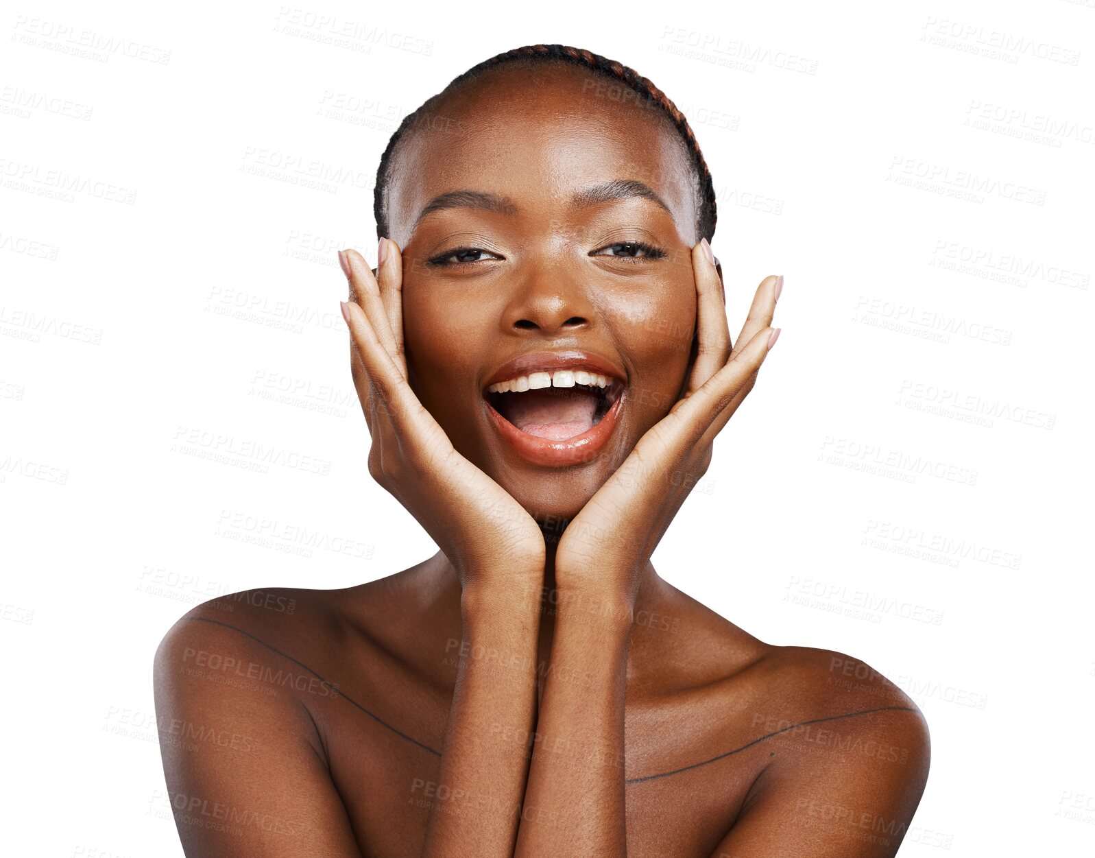 Buy stock photo Skincare, portrait and happy black woman with beauty, cosmetics or results on isolated, transparent or png background. Hands, face and African wellness model with dermatology, shine or glowing skin