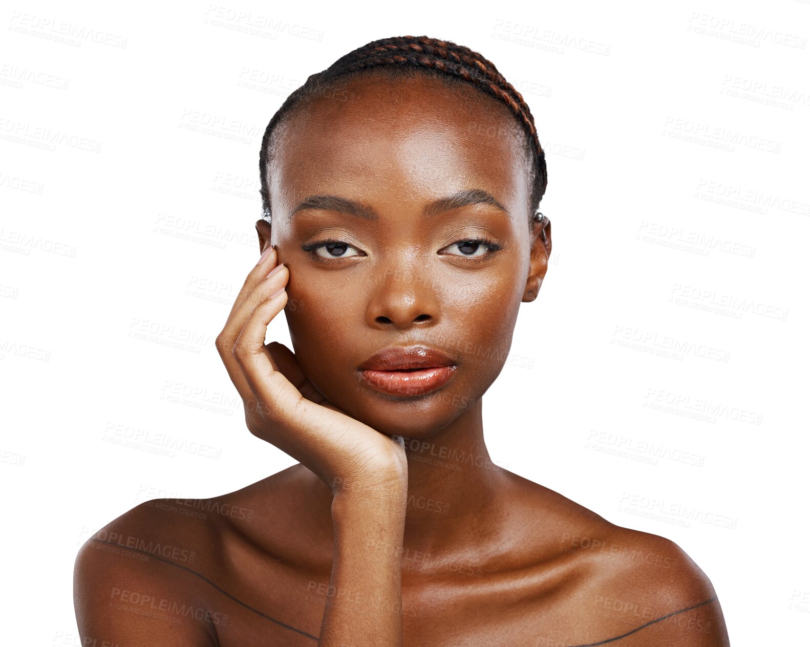 Buy stock photo Woman, portrait and serious for aesthetic skincare, natural beauty and dermatology isolated on transparent png background. African model touch face for hygiene, healthy results and collagen cosmetics