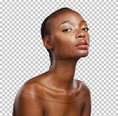 Buy stock photo African woman, beauty and portrait with skincare, facial glow and isolated by transparent png background. Girl, model or person with natural aesthetic, cosmetic or change for face with transformation
