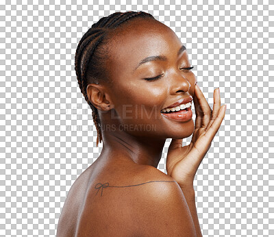 Buy stock photo Black woman, smile and facial skincare for natural beauty, aesthetics and isolated on transparent png background. Happy model touch face for healthy benefits of collagen, cosmetics and dermatology 