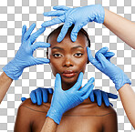 Portrait, hands and plastic surgery for change with a black woma