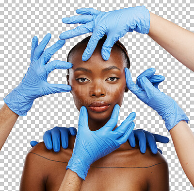 Buy stock photo Black woman, gloves and plastic surgery for beauty, portrait and isolated by transparent png background. Girl, model or person with medical assessment, cosmetics and change on face with dermatology