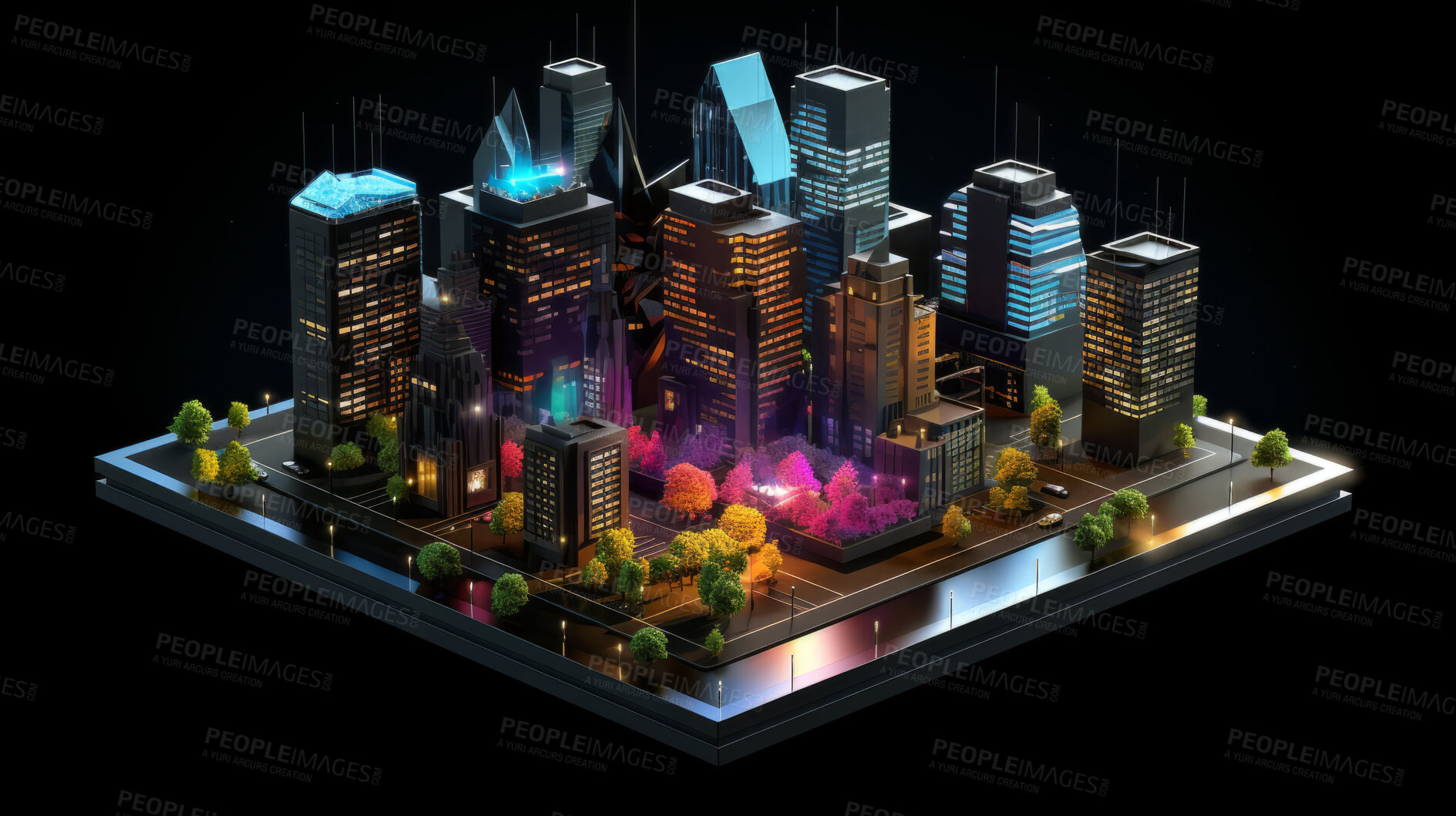 Buy stock photo Isometric city virtual reality city design. 3d design and render on a black background