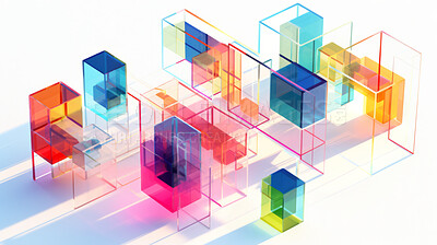 Buy stock photo Squares and neon lines and glowing background. Futuristic illustration abstract 3d design