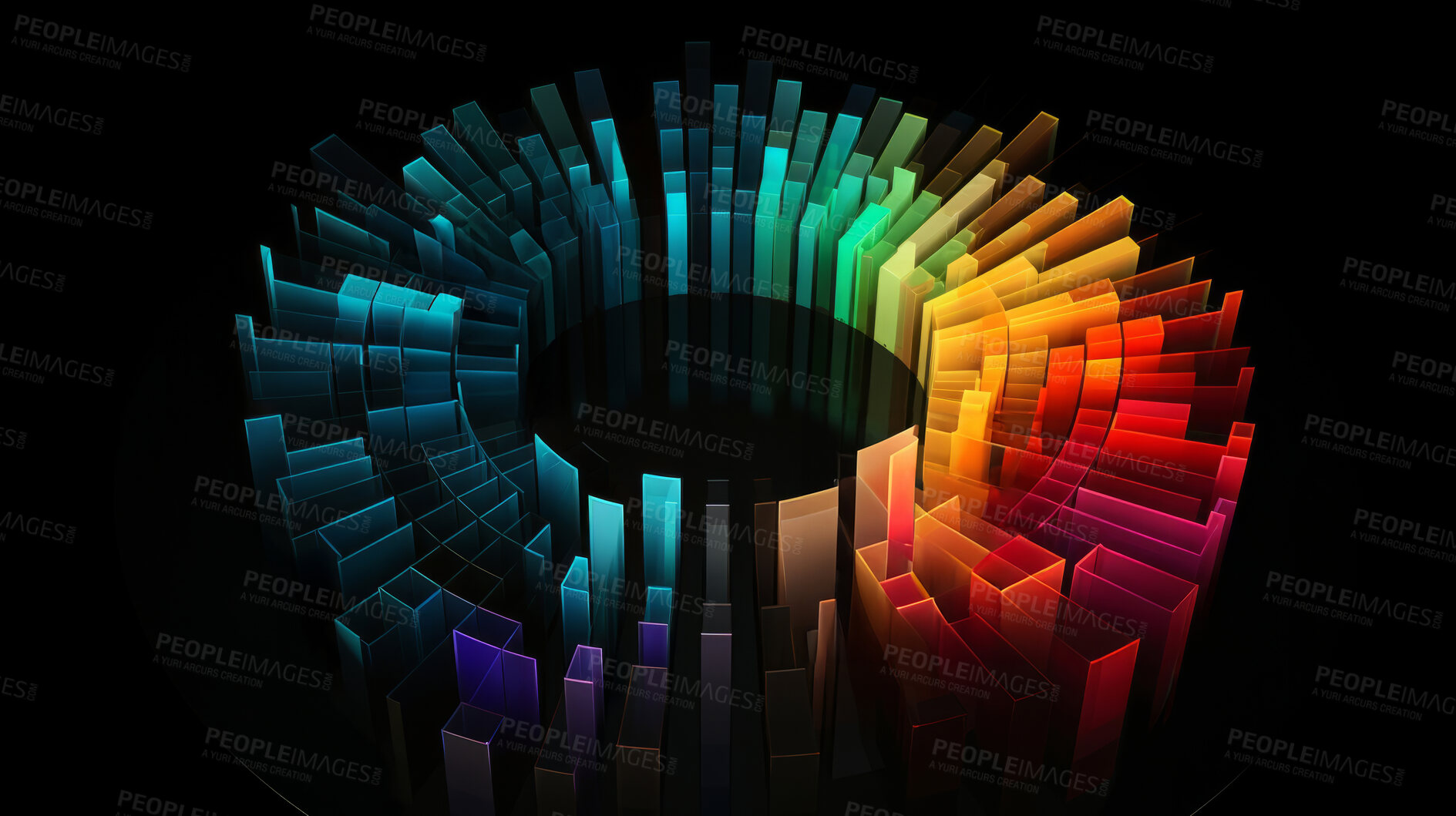 Buy stock photo Colorful pie chart info graphics. Data analysis, or statistics, on a black background. 3D design