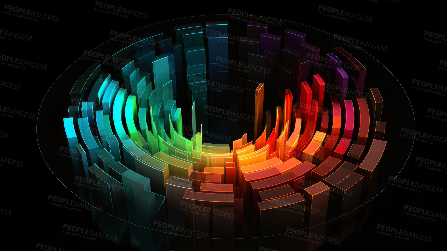 Buy stock photo Colorful pie chart info graphics. Data analysis, or statistics, on a black background. 3D design