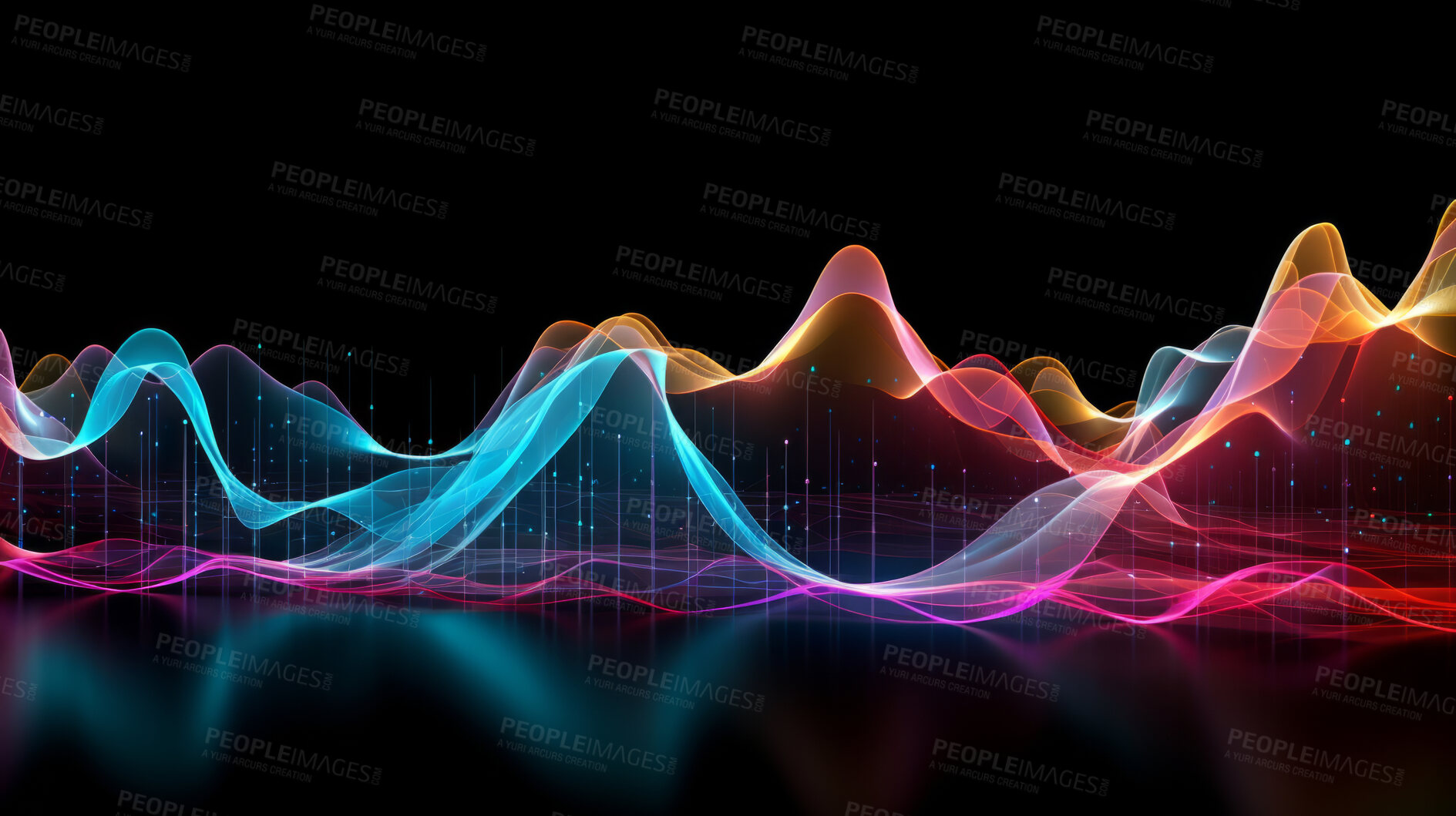 Buy stock photo Coloful wave abstract info graphics. Analysis, or sound data, on a black background