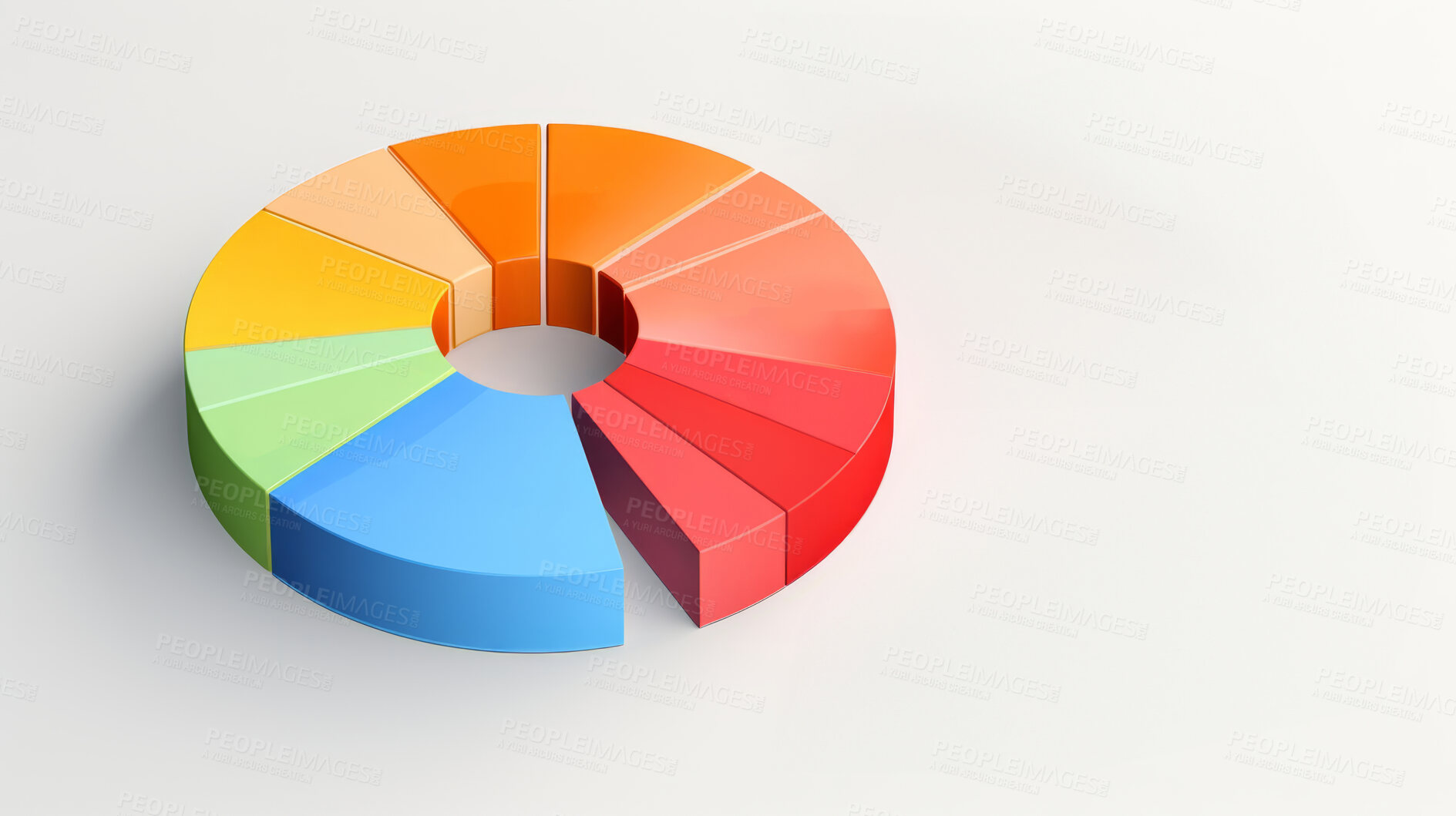 Buy stock photo Colorful pie chart info graphics. Data analysis, or statistics, on a white background. 3D design