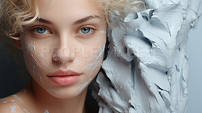 Buy stock photo Close-up studio portrait of model with abstract art. Fashion, Beauty concept.