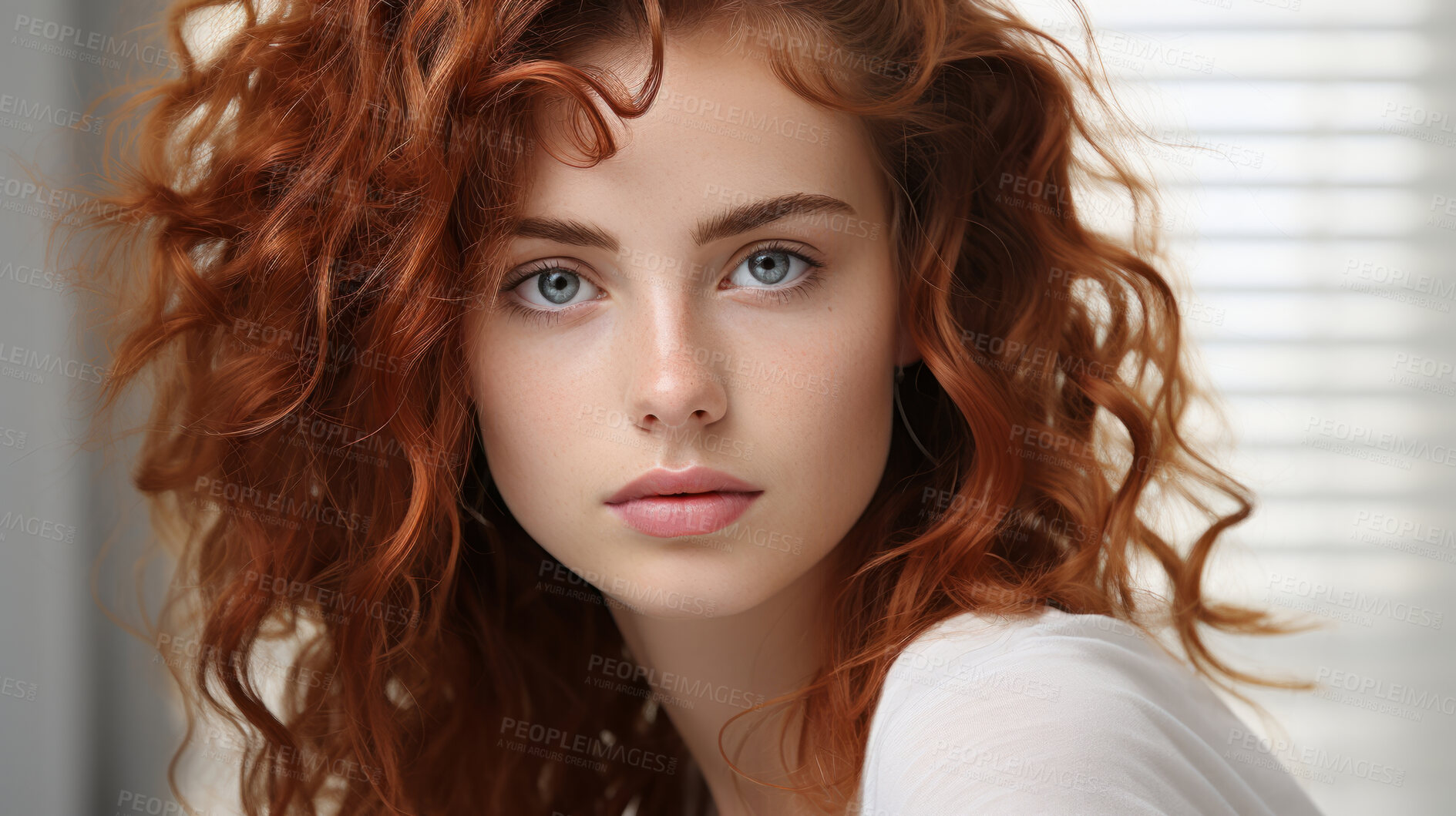 Buy stock photo Close-up portrait of model. Make-up, freckle skin. Natural light. Fashion, editorial concept.