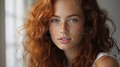 Close-up portrait of model. Make-up, freckle skin. Natural light. Fashion, editorial concept.