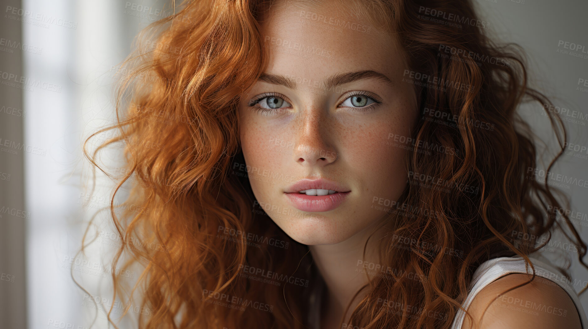 Buy stock photo Close-up portrait of model. Make-up, freckle skin. Natural light. Fashion, editorial concept.