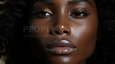 Macro close-up of model face. Make-up, smooth skin, curly hair. Fashion, editorial concept.