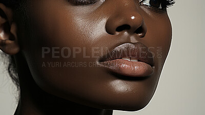 Macro close-up of model face. Make-up, smooth skin, curly hair. Fashion, editorial concept.
