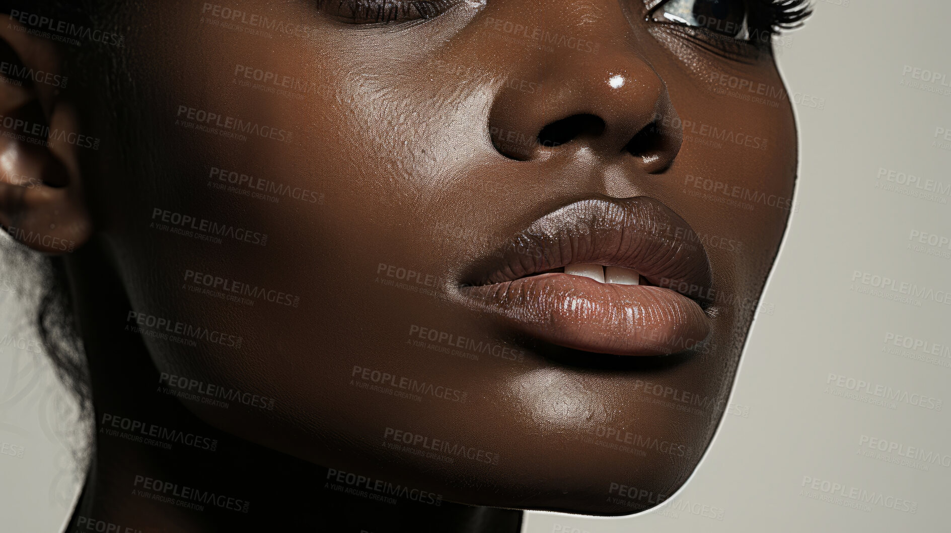 Buy stock photo Macro close-up of model face. Make-up, smooth skin, curly hair. Fashion, editorial concept.
