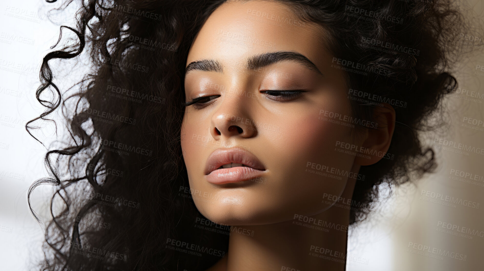 Buy stock photo Close-up of model. Make-up, smooth skin, curly hair. Fashion, editorial concept.