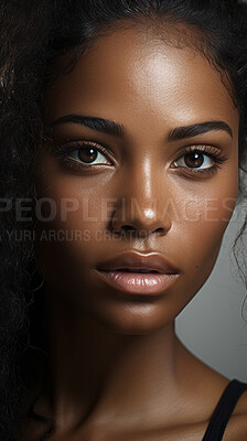 Vertical close-up of model. Make-up, smooth skin, curly hair. Fashion, editorial concept.