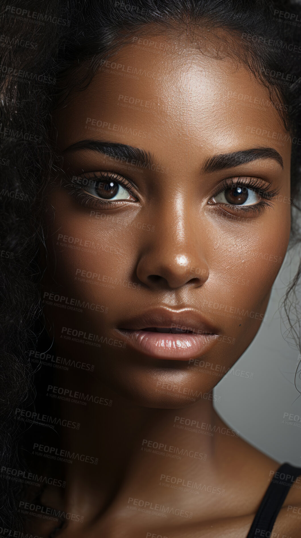 Buy stock photo Vertical close-up of model. Make-up, smooth skin, curly hair. Fashion, editorial concept.