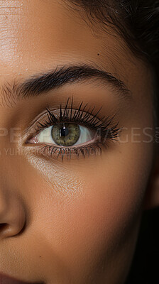 Extreme vertical close-up of model. Make-up, smooth skin. Fashion, editorial concept.