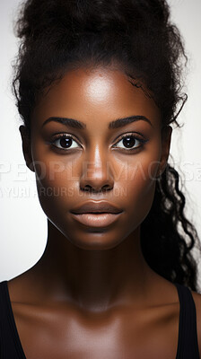 Vertical close-up of model. Make-up, smooth skin. Fashion, editorial concept.