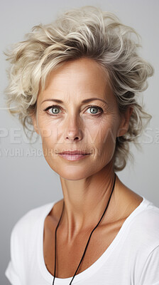 Vertical portrait of attractive mature woman on backdrop. Fashion, editorial concept.